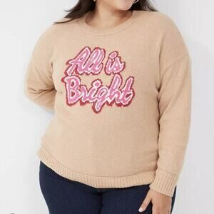 Lane Bryant Sweater All Is Bright Crew Neck Womens Plus 26/28 Tan Preppy Holiday